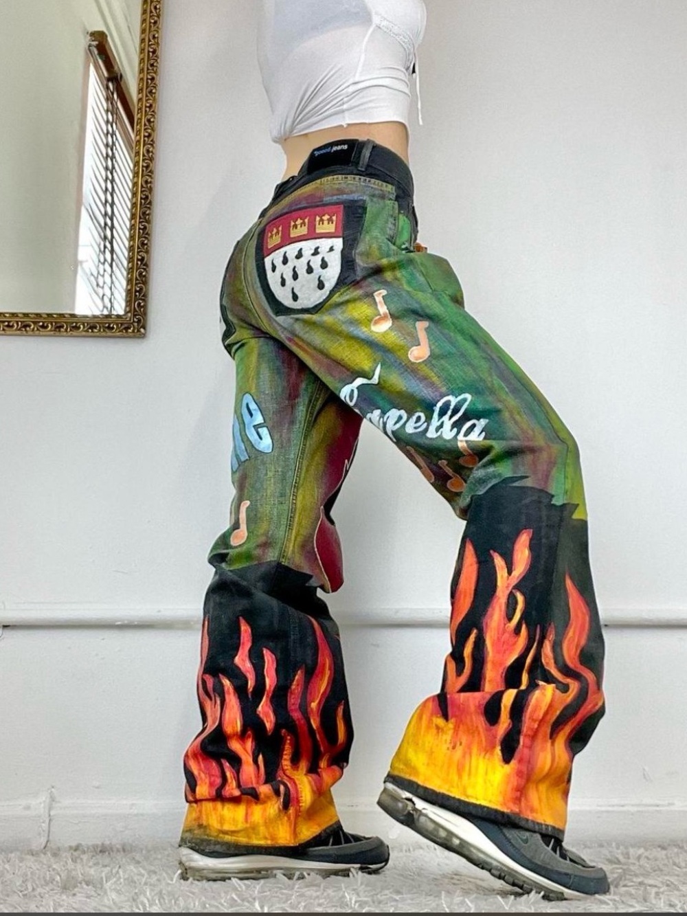 Custom Painted Flame Graphic wide leg jeans